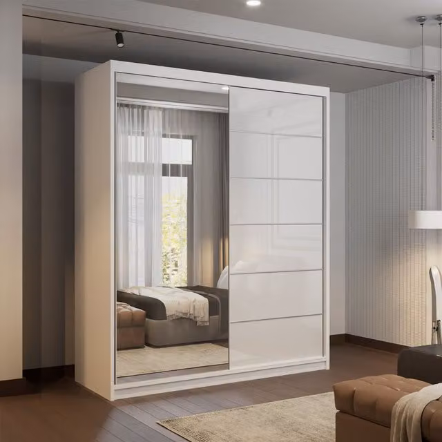 Sliding Wardrobes 4U Fusion High Gloss White Sliding Mirror Door Wardrobe W: 150 cm, H: 200 cm – 1