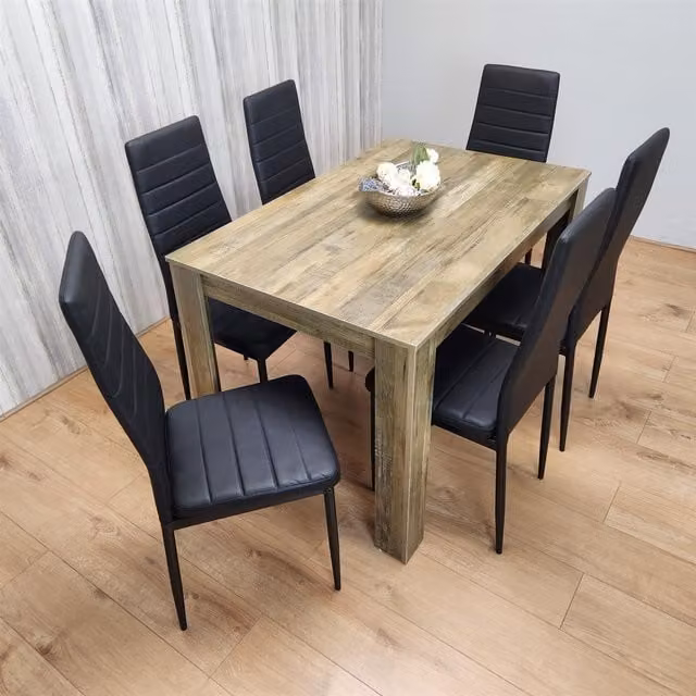 KOSY KOALA Rustic Dining Room Furniture Set with Rectangular Brown Table and 6 Black Faux Leather Chairs
