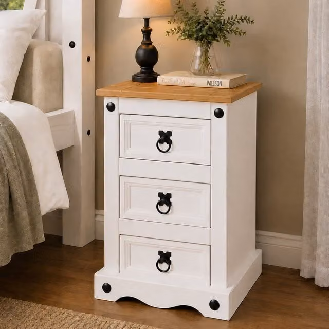 Mews White Rustic Pine 3 Drawer Bedside Cabinet