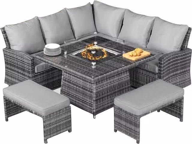Abrihome 7 Seater Grey Rattan Garden Furniture Set with Fire Pit Table