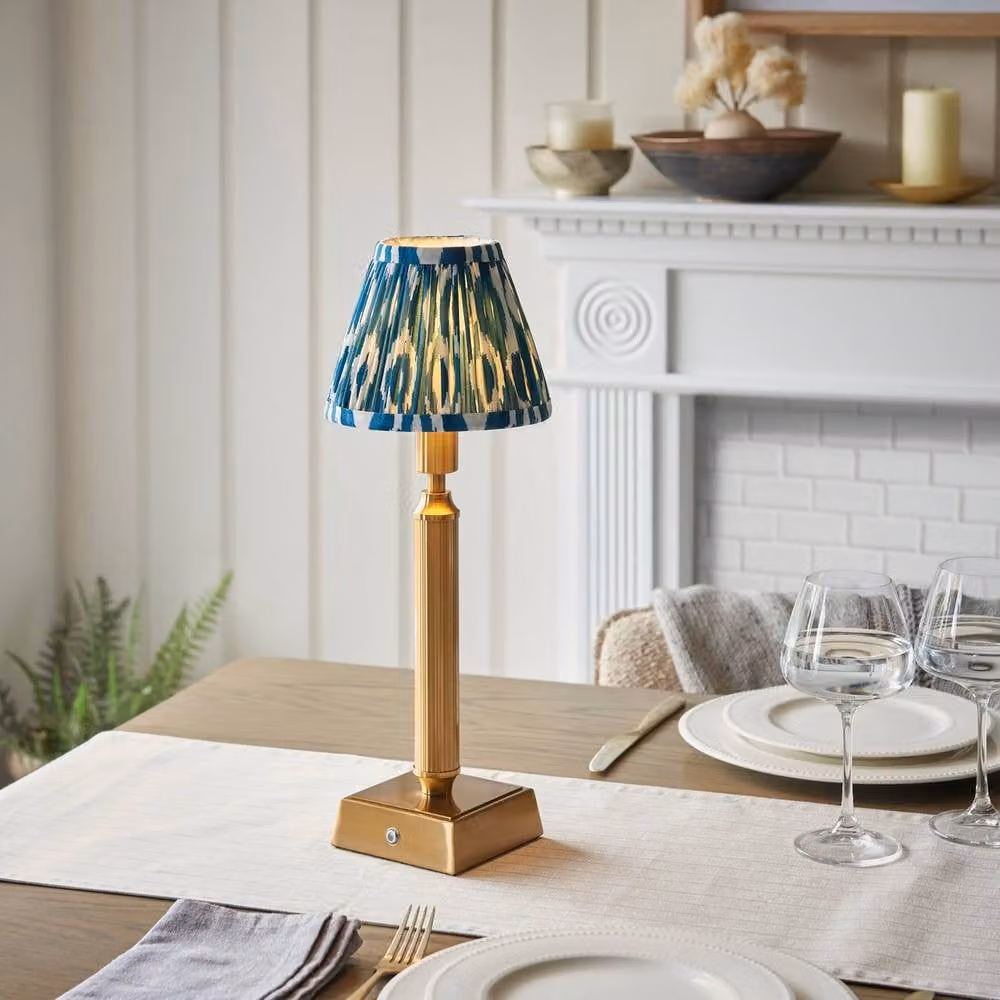 Netlighting Trobridge Rechargeable LED Table Lamp with Blue Fabric Shade and Gold Brass Base – 2