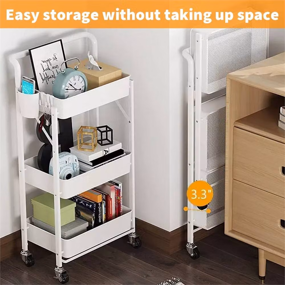 Nordara 3 Tier Metal Folding Trolley Cart Rolling Storage Shelf with Wheels in White – 3