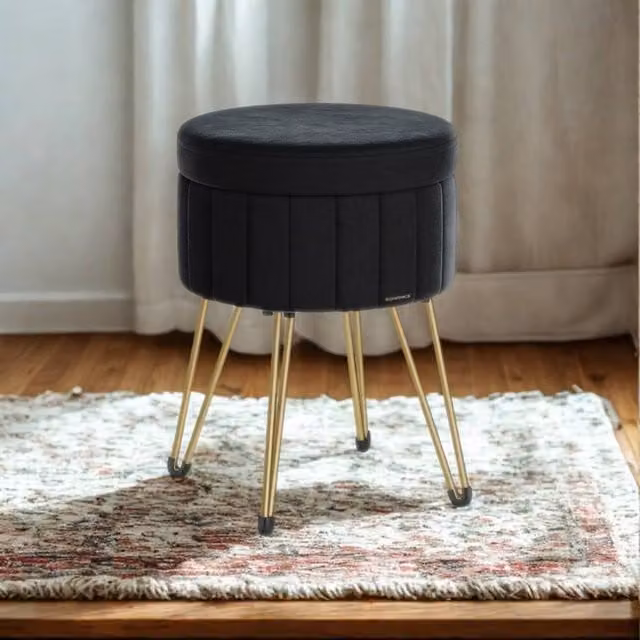 Pirlo Plush Velvet Round Ottoman Footstool with Storage in Black – 1