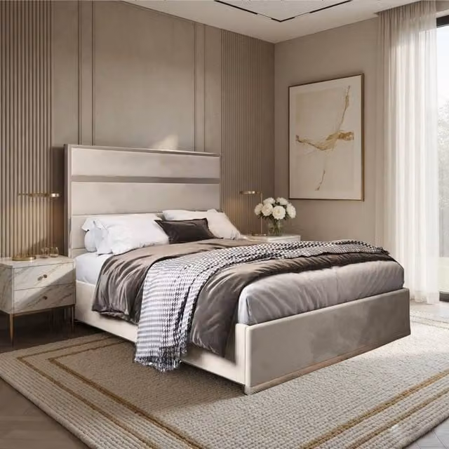 KDMD Horringer Single Designer Bed Frame in Beige Upholstered Velvet and Metal – 1
