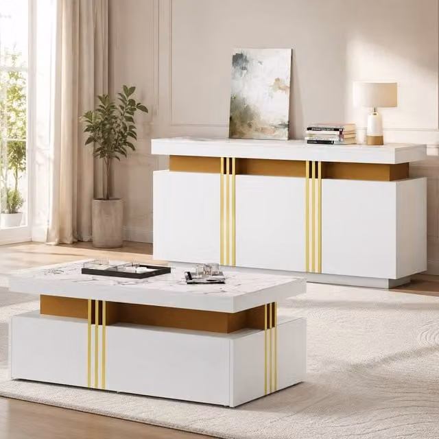 STILVORA 3 Piece Modern Living Room Furniture Set with Storage in White and Gold