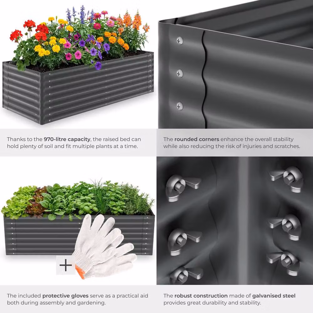 tectake Blomma Galvanised Steel Raised Garden Bed in Dark Grey, W: 200 cm, D: 80 cm, H: 62 cm – 4