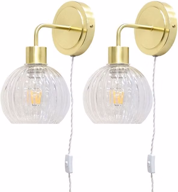 First Choice Lighting Toby Set of 2 Plug-in Wall Lights in Gold and Brass with Transparent Glass Shades – 1