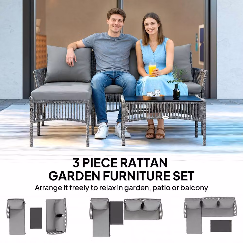 STILVORA 3-Piece Grey Garden Furniture Set with Coffee Table – 5