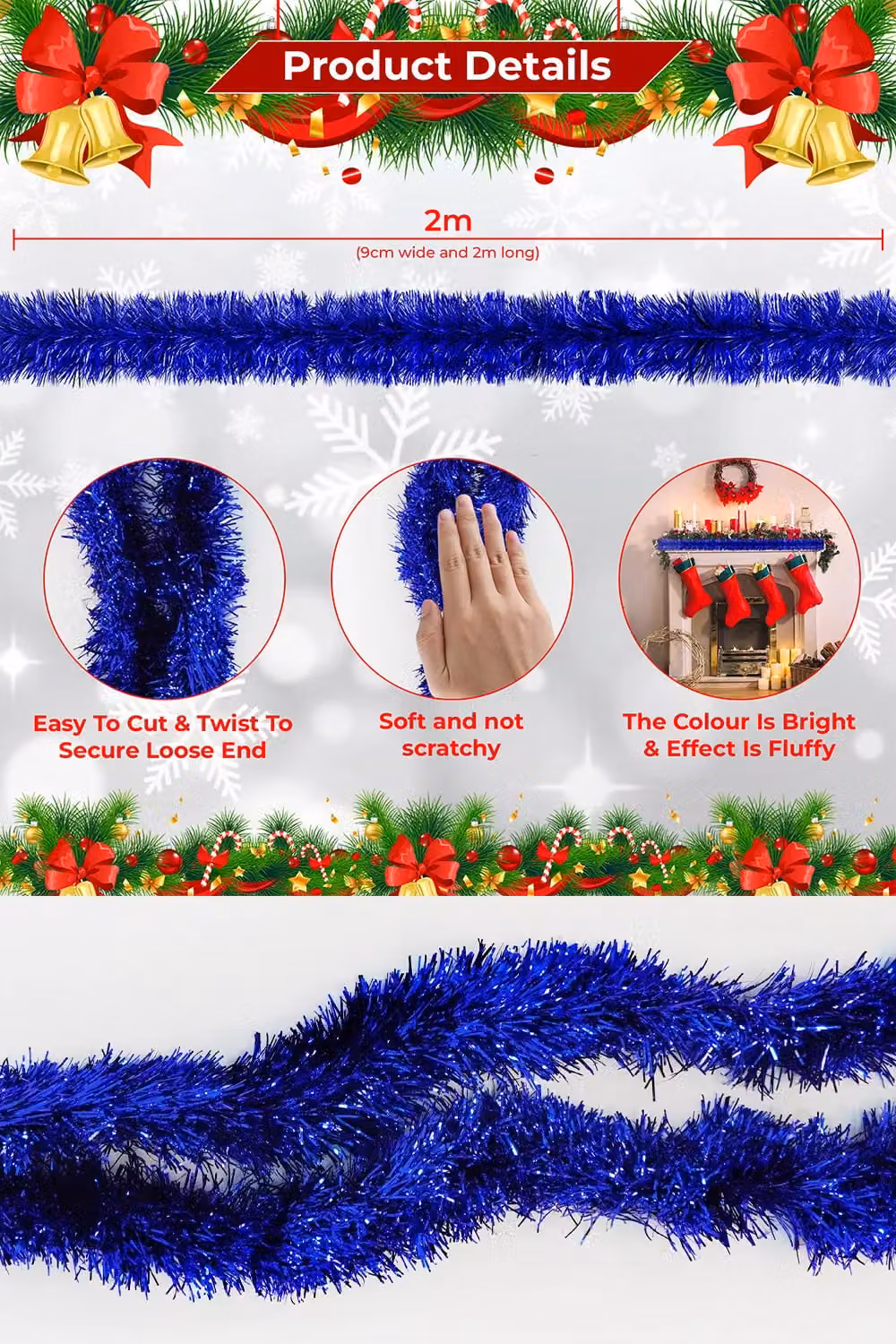 Neel Blue Shiny Metallic Fine Foil Christmas Tinsel Garland, 2m – 2