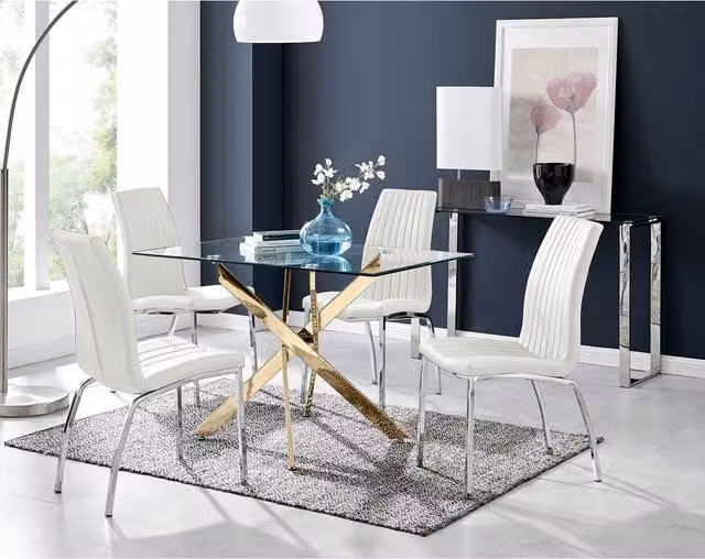 FurnitureboxUK Leonardo Gold Dining Table with Four Isco Chairs, White and Gold, W: 120 cm