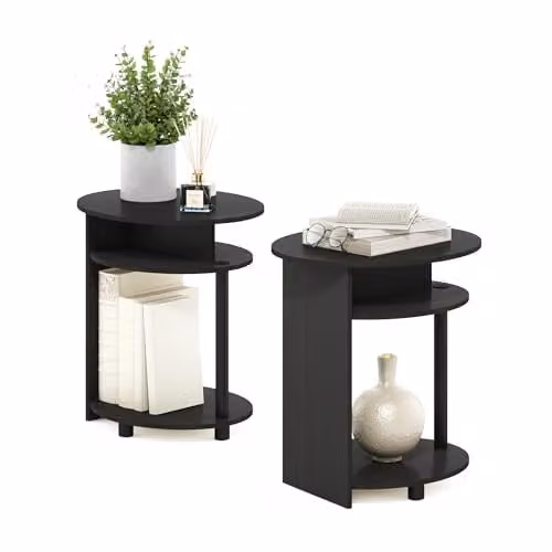 Furinno JAYA Set of 2 Round 3-Tier Side Tables with Oval Top and Open Shelves, Walnut