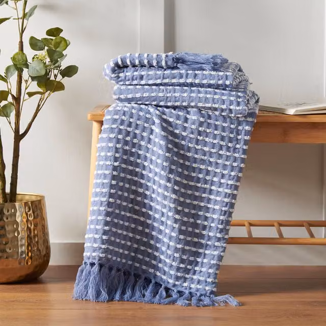 Catherine Lansfield Blue Checked Stab Stitch Tassel Throw W: 125 cm, D: 150 cm