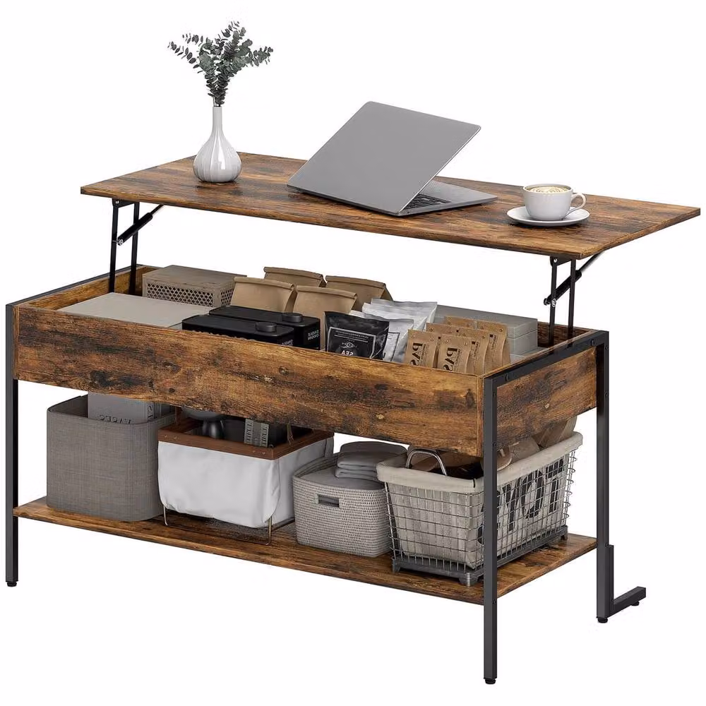 FORGEVIO Industrial Lift Top Coffee Table with Storage Shelf in Rustic Brown – 6