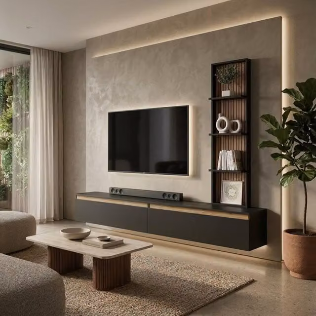 Heze Furniture Raven Oak Slat Detail Modern TV Media Unit with Wall Shelf, Black and Oak, Width: 230 cm – 1