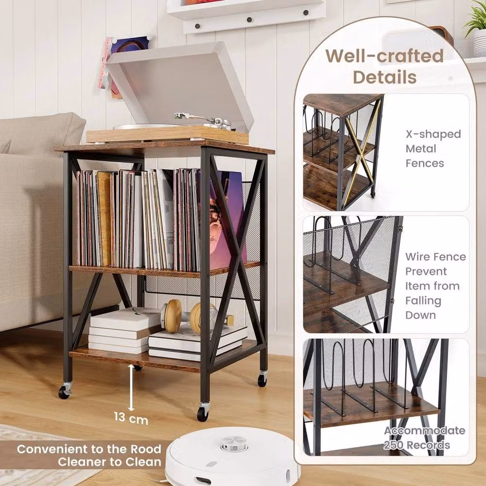 VOGREX Brown Heavy-Duty Metal and Wood Side Table with Divider – 4