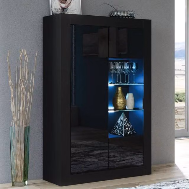 FORGEVIO Modern Black Sideboard Cabinet with Matt Body, High Gloss Fronts and Integrated Lighting – 1