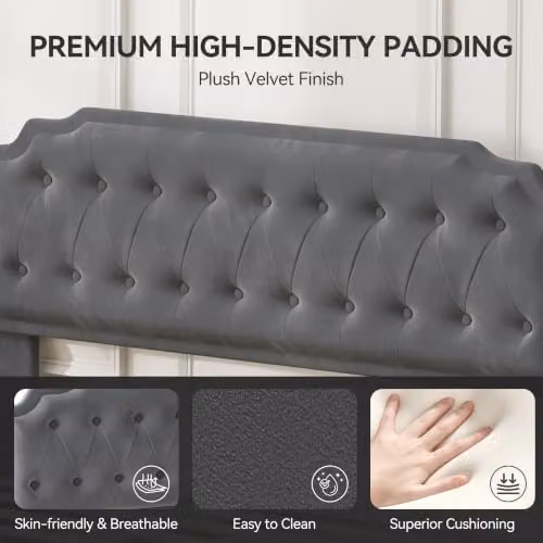 MCC Direct Chelsey Velvet Upholstered King Size Bed Frame with Tufted Headboard in Grey, W/D/H: 180 x 200 cm – 3