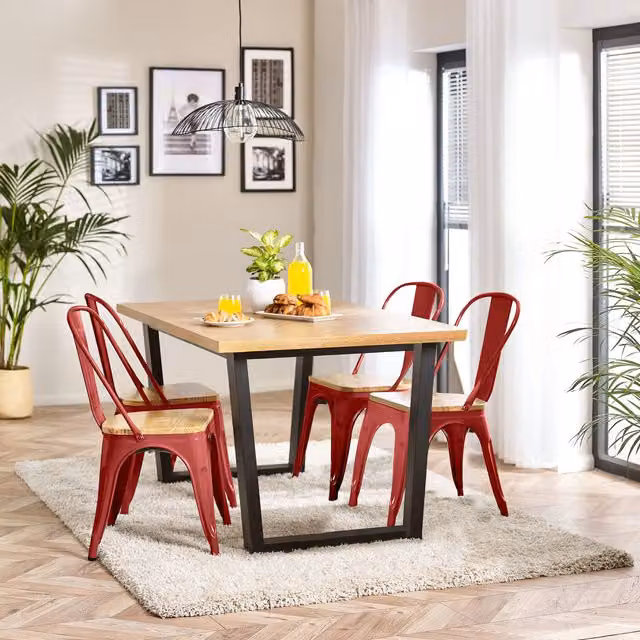 FurnitureboxUK Cotswold Oak Rectangular Dining Table with 4 Colton Red Wooden Seat Metal Chairs