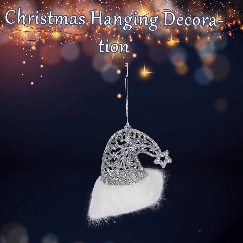 VFM e-Store Silver Glitter Santa Hat Hanging Decoration for Christmas Parties, W/H: 11 x 10 cm – 2