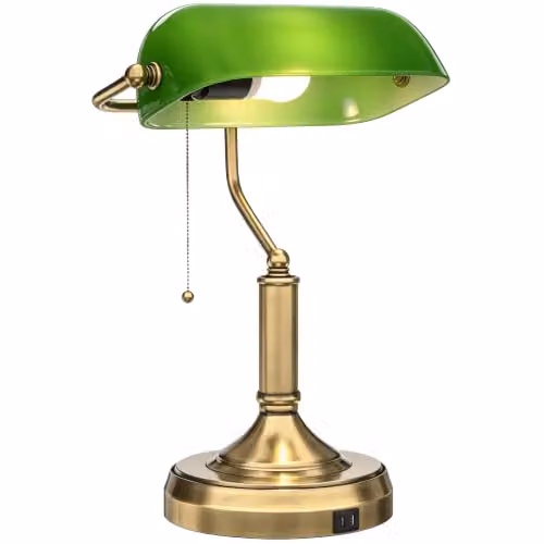 HOMCOM Vintage Banker's Table Lamp with Green Glass Dome Shade and Bronze Metal Base