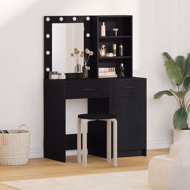 Berkfield Home 2 Piece Modern Hollywood LED Dressing Table Set in Black Matt Engineered Wood