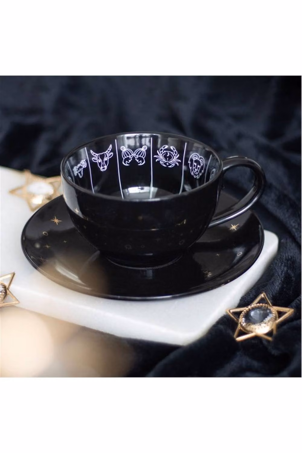 KDMD Astrology Fortune Telling Teacup with Zodiac Wheel and Saucer, Black and Gold, 500 ml – 3