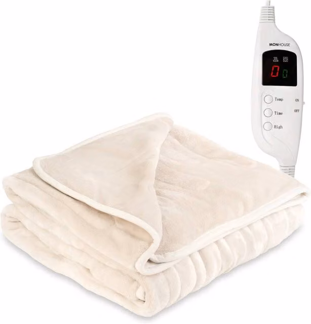 MONHOUSE Heated Electric Fleece Throw Blanket in Beige, Double Size, with 9 Heat Settings and 9H Timer – 1