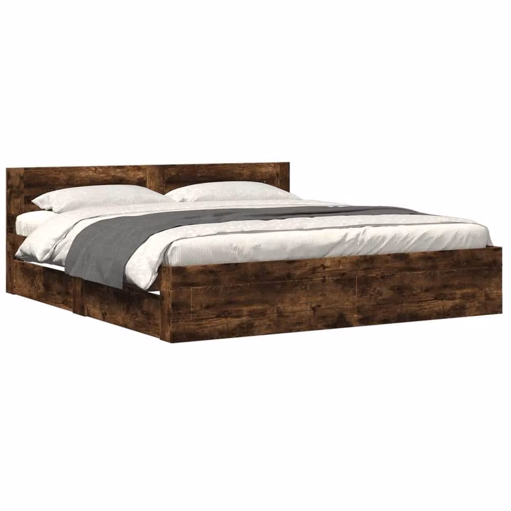 Berkfield Home Durable Bed Frame with Headboard and Drawers in Smoked Oak Brown, W/D/H: 200 x 200 x 69 cm – 3