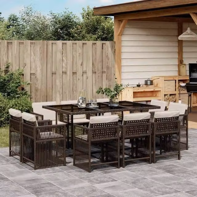 Berkfield Home 11 Piece Brown Poly Rattan Garden Dining Set with Cushions and Glass Top – 1