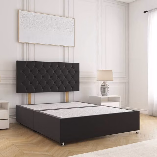 BSSPOKE Mia Single Divan Bed with 24 inch Plush Velvet Headboard in Black, W/D/H: 90 x 200 cm