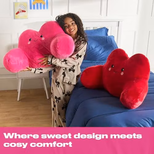OHS Hazel the Heart Cuddle Cushion in Pink, Soft Teddy Fleece Reading Pillow with Back and Neck Support, W/D/H: 43 x 40 x 43 cm – 2
