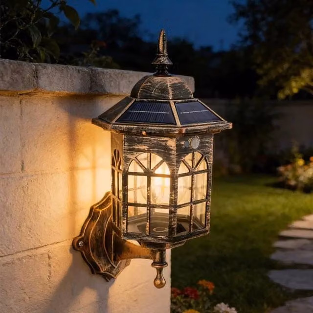 EONLION Solar Powered Warm White Outdoor Wall Sconce Lantern in Bronze, Height: 100 cm