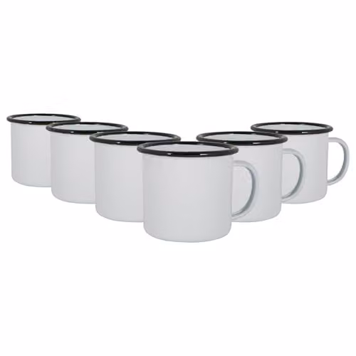 Argon Tableware White Enamel Mugs, Black, Set of 6, 375ml – 1