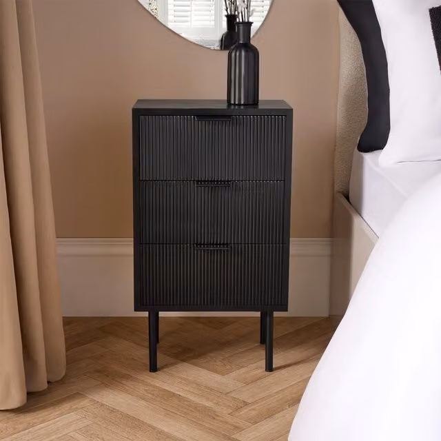 OHS Modern Ribbed 3-Drawer Bedside Table and Office Nightstand in Black – 1