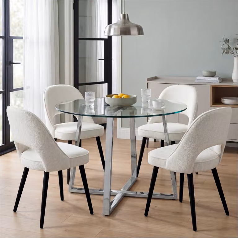 DHS Modern Round Glass Dining Table Set with 4 Upholstered Chairs in Cream and White, Diameter: 110 cm