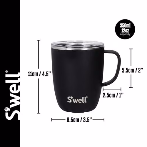 S'well Stainless Steel Vacuum Insulated Travel Mug with Handle, Black, 350ml – 3