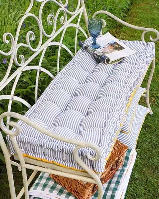 Dibor Reversible Blue Striped Indoor Outdoor Garden Bench Cushion, W: 105 cm, D: 42 cm