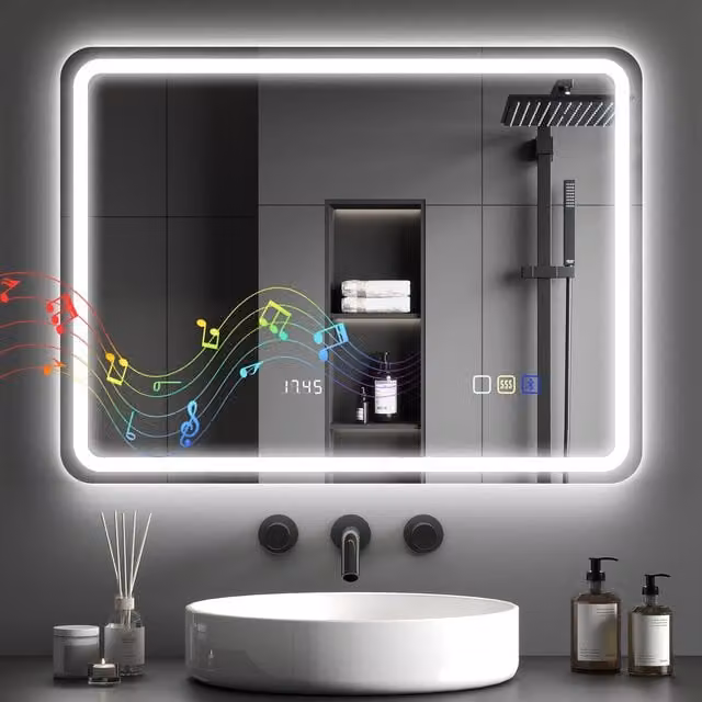 HOMCOM Illuminated Bluetooth Bathroom Mirror with Clock in Silver, W: 80 cm, H: 60 cm