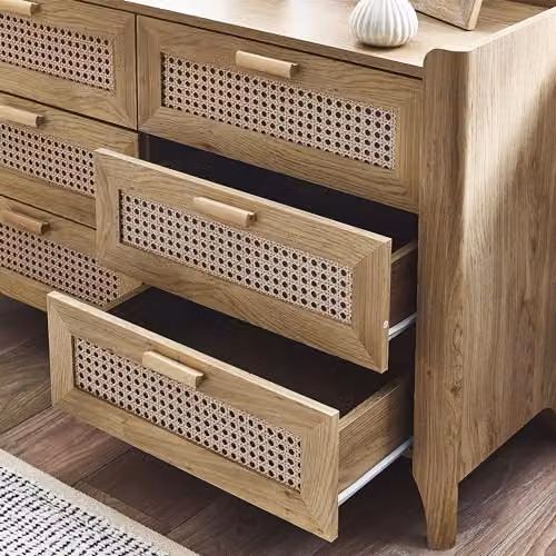 Julian Bowen Sydney 6 Drawer Wide Chest of Drawers in Oak and Brown with Geometric Rattan Print, H75 x W120 cm – 3