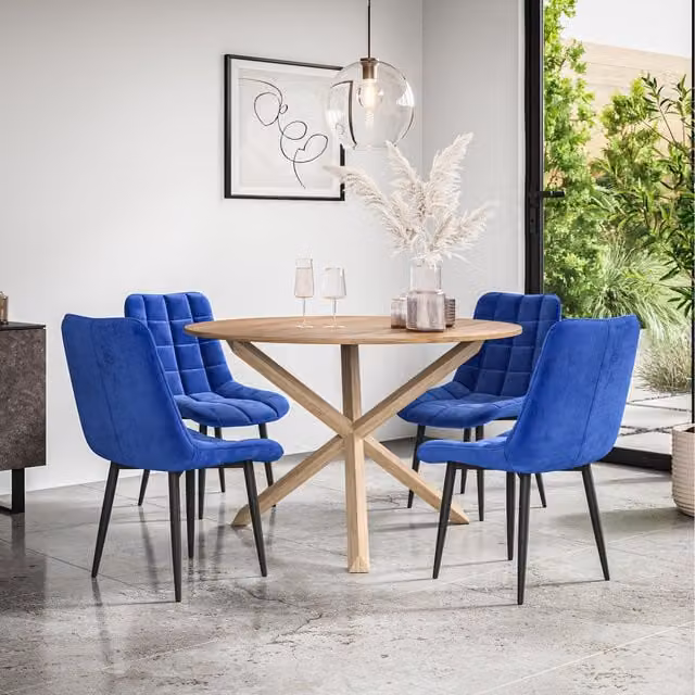 More4Homes Malvern Round Oak Effect Dining Table Set with 4 Blue Nova Velvet Chairs, Diameter: 120 cm, Height: 75 cm