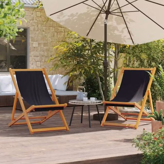 Berkfield Home Set of 2 Folding Beach Chairs in Black UV-Resistant Fabric with Treated Hardwood Frame – 1