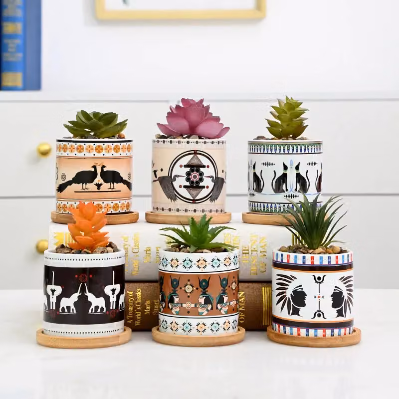 Simpa 6-Piece Egyptian Pattern Ceramic Plant Pots with Bamboo Bases in Multicolour – 2
