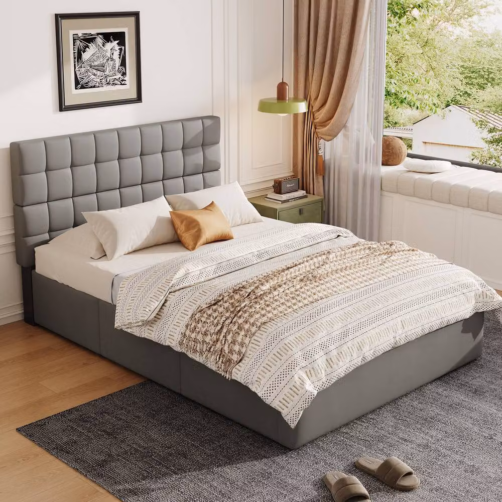 BTM Double Upholstered Hydraulic Storage Bed Frame with Drawers in Grey, W/D/H: 140 x 200 x 148 cm – 2