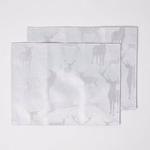 Homescapes Set of 2 Silver and Grey Christmas Placemats, W/D/H: 40 x 30 x 0.3 cm