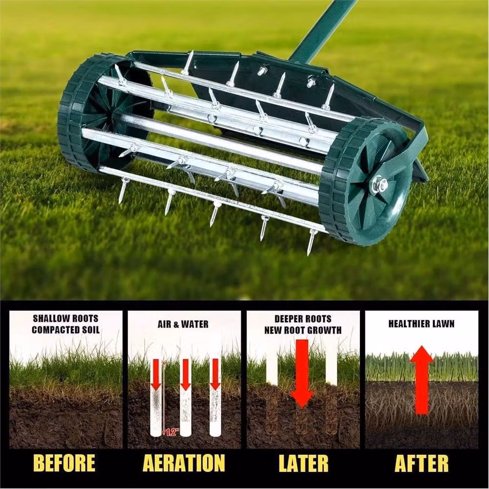 SPETLEK Manual Heavy Duty Steel Lawn Aerator Roller with Garden Grass Spikes, Green – 2
