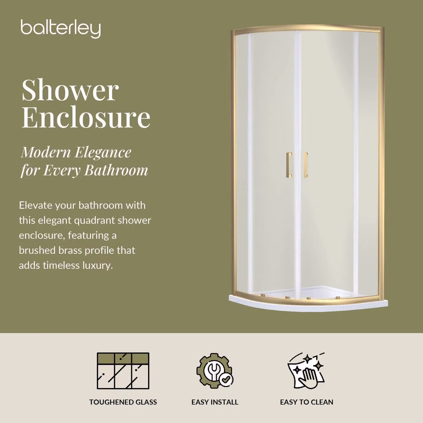 Balterley Quadrant Shower Enclosure with 6mm Clear Toughened Glass and Sliding Doors in Gold/Brushed Brass, W/D/H: 88 x 88 x 190 cm – 2