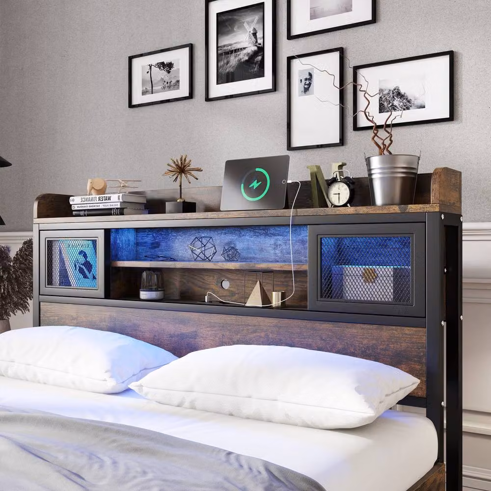 Rolipo Double Metal Bed Frame in Black with LED Lights, USB Ports and 2 Drawers, W/D/H: 140 x 200 cm – 8