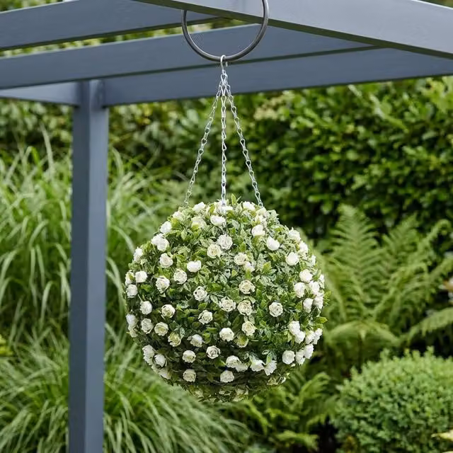 Garden Greatness Hanging Artificial White Rose Topiary Ball in Green, Diameter: 31 cm