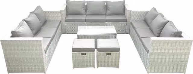 Fimous 11 Seater Rattan Garden Furniture Set with Coffee Table and 2 Footstools in Light Grey