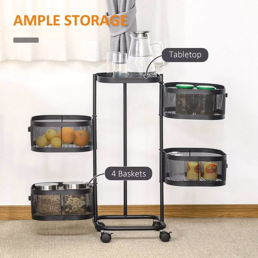 SPETLEK Metal Storage Cart with Top Tray and 4 Mesh Baskets in Black – 4